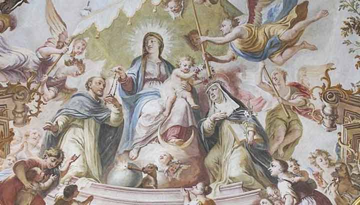 "María presentando el rosario a Santo Domingo" (1766), fresco de la nave central de Iglesia parroquial católica de la Asunción de la Virgen María en Türkenfeld, distrito de Fürstenfeldbruck (Baviera/Alemania). Por Johann Baptist Baader.