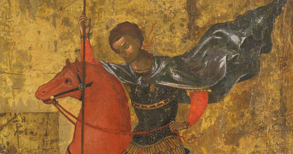 Fragmento del ícono pintado sobre madera "San Demetrio a caballo". © Patronato del Museo Británico. Compartido bajo la licencia Creative Commons Atribución-NoComercial-CompartirIgual 4.0 Internacional (CC BY-NC-SA 4.0).